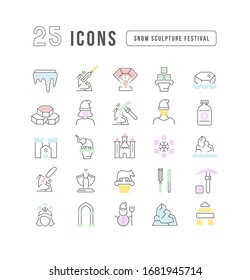 Set vector line thin icons of snow sculpture festival in linear design for mobile concepts and web apps. Collection modern infographic pictogram and signs.