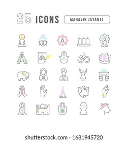 Set vector line thin icons of mahavir jayanti in linear design for mobile concepts and web apps. Collection modern infographic pictogram and signs.