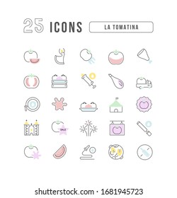 Set vector line thin icons of la tomatina in linear design for mobile concepts and web apps. Collection modern infographic pictogram and signs.