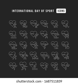 Set vector line thin icons of international day of sport in linear design for mobile concepts and web apps. Collection modern infographic pictogram and signs.