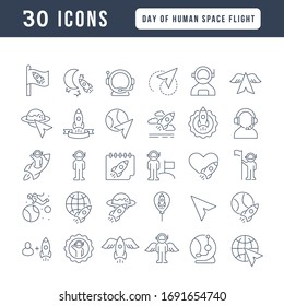 Set vector line thin icons of day of human space flight in linear design for mobile concepts and web apps. Collection modern infographic pictogram and signs.