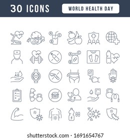 Set vector line thin icons of world health day in linear design for mobile concepts and web apps. Collection modern infographic pictogram and signs.