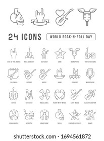 Set vector line thin icons of world rock-n-roll day in linear design for mobile concepts and web apps. Collection modern infographic pictogram and signs.