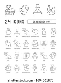 Set vector line thin icons of groundhog day in linear design for mobile concepts and web apps. Collection modern infographic pictogram and signs.