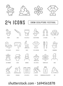 Set vector line thin icons of snow sculpture festival in linear design for mobile concepts and web apps. Collection modern infographic pictogram and signs.