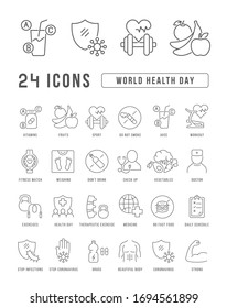 Set vector line thin icons of world health day in linear design for mobile concepts and web apps. Collection modern infographic pictogram and signs.