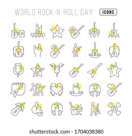 Set vector line thin icons of world rock-n-roll day in linear design for mobile concepts and web apps. Collection modern infographic pictogram and signs.