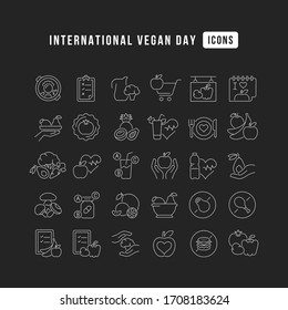 Set vector line thin icons of international vegan day in linear design for mobile concepts and web apps. Collection modern infographic pictogram and signs.