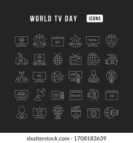 Establecer iconos delgados de línea vectorial del día mundial de la televisión en diseño lineal para conceptos móviles y aplicaciones web. Colección moderna de pictogramas y carteles infográficos.