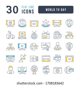 Setzen Sie Vektorillustration Linien dünne Icons von Welt-TV Tag in linearem Design für mobile Konzepte und Web-Apps. Sammlung moderner Infografik-Piktogramme und Schilder.