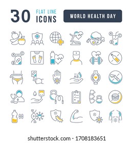 Set vector line thin icons of world health day in linear design for mobile concepts and web apps. Collection modern infographic pictogram and signs.