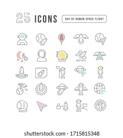 Set vector line thin icons of day of human space flight in linear design for mobile concepts and web apps. Collection modern infographic pictogram and signs.