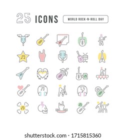 Set vector line thin icons of world rock-n-roll day in linear design for mobile concepts and web apps. Collection modern infographic pictogram and signs.