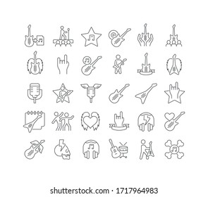 Set vector line thin icons of world rock-n-roll day in linear design for mobile concepts and web apps. Collection modern infographic pictogram and signs.