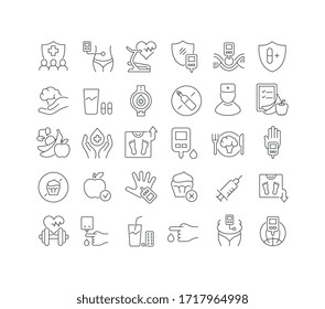 Establecer iconos delgados de la línea vectorial del día mundial de la diabetes en diseño lineal para conceptos móviles y aplicaciones web. Colección moderna de pictogramas y carteles infográficos.