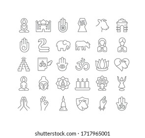 Set vector line thin icons of mahavir jayanti in linear design for mobile concepts and web apps. Collection modern infographic pictogram and signs.