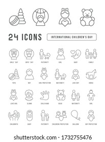 Set vector line thin icons of international childrens day in linear design for mobile concepts and web apps. Collection modern infographic pictogram and signs.
