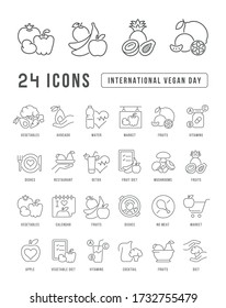 Set vector line thin icons of international vegan day in linear design for mobile concepts and web apps. Collection modern infographic pictogram and signs.