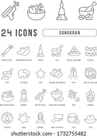 Establezca iconos delgados de línea vectorial de songkran en diseño lineal para conceptos móviles y aplicaciones web. Colección de pictogramas y signos infográficos modernos.
