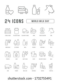 Set vector line thin icons of world milk day in linear design for mobile concepts and web apps. Collection modern infographic pictogram and signs.