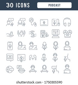 Establezca iconos delgados de línea vectorial de podcast en diseño lineal para conceptos móviles y aplicaciones web. Colección de pictogramas y signos infográficos modernos.