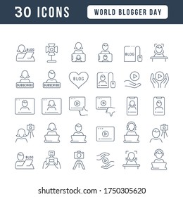 Set vector line thin icons of world blogger day in linear design for mobile concepts and web apps. Collection modern infographic pictogram and signs.