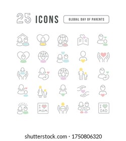 Set vector line thin icons of global day of parents in linear design for mobile concepts and web apps. Collection modern infographic pictogram and signs.