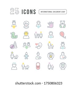 Set vector line thin icons of international childrens day in linear design for mobile concepts and web apps. Collection modern infographic pictogram and signs.