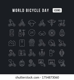 Set vector line thin icons of world bicycle day in linear design for mobile concepts and web apps. Collection modern infographic pictogram and signs.