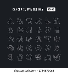 Set vector line thin icons of cancer survivors day in linear design for mobile concepts and web apps. Collection modern infographic pictogram and signs.