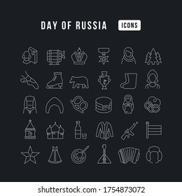 Set vector line thin icons of day of russia in linear design for mobile concepts and web apps. Collection modern infographic pictogram and signs.