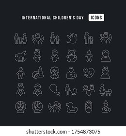 Set vector line thin icons of international childrens day in linear design for mobile concepts and web apps. Collection modern infographic pictogram and signs.