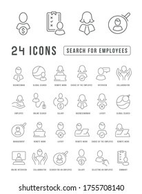 Set vector line thin icons of search for employees in linear design for mobile concepts and web apps. Collection modern infographic pictogram and signs.