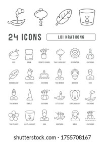Set vector line thin icons of loi krathong in linear design for mobile concepts and web apps. Collection modern infographic pictogram and signs.