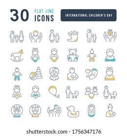 Set vector line thin icons of international childrens day in linear design for mobile concepts and web apps. Collection modern infographic pictogram and signs.