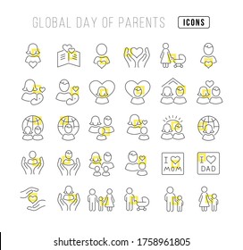 Set vector line thin icons of global day of parents in linear design for mobile concepts and web apps. Collection modern infographic pictogram and signs.