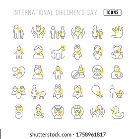 Set vector line thin icons of international childrens day in linear design for mobile concepts and web apps. Collection modern infographic pictogram and signs.