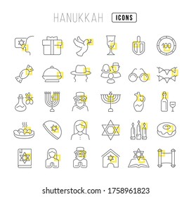 Establezca iconos delgados de línea vectorial de hanukkah en diseño lineal para conceptos móviles y aplicaciones web. Colección de pictogramas y signos infográficos modernos.