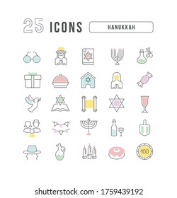 Set vector line thin icons of hanukkah in linear design for mobile concepts and web apps. Collection modern infographic pictogram and signs.