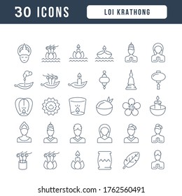 Set vector line thin icons of loi krathong in linear design for mobile concepts and web apps. Collection modern infographic pictogram and signs.