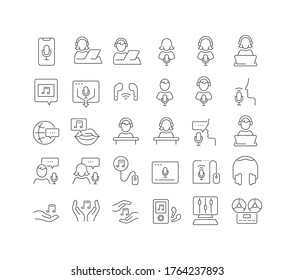 Establezca iconos delgados de línea vectorial de podcast en diseño lineal para conceptos móviles y aplicaciones web. Colección de pictogramas y signos infográficos modernos.