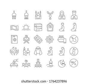 Set vector line thin icons of Eid Al-Fitr in linear design for mobile concepts and web apps. Collection modern infographic pictogram and signs.
