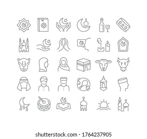 Set vector line thin icons of Eid Al-Adha in linear design for mobile concepts and web apps. Collection modern infographic pictogram and signs.