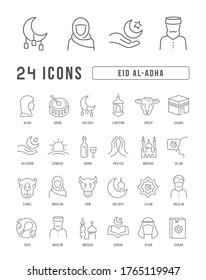 Set vector line thin icons of Eid Al-Adha in linear design for mobile concepts and web apps. Collection modern infographic pictogram and signs.