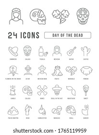 Set vector line thin icons of day of the dead in linear design for mobile concepts and web apps. Collection modern infographic pictogram and signs.