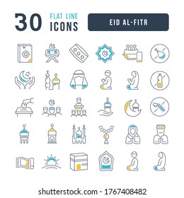 Set vector line thin icons of Eid Al-Fitr in linear design for mobile concepts and web apps. Collection modern infographic pictogram and signs.