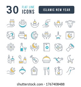 Set Vector Line Thin Icons Of Islamic New Year In Linear Design For Mobile Concepts And Web Apps. Collection Modern Infographic Pictogram And Signs.