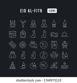 Set vector line thin icons of Eid Al-Fitr in linear design for mobile concepts and web apps. Collection modern infographic pictogram and signs.