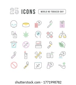 Set vector line thin icons of world no tobacco day in linear design for mobile concepts and web apps. Collection modern infographic pictogram and signs.