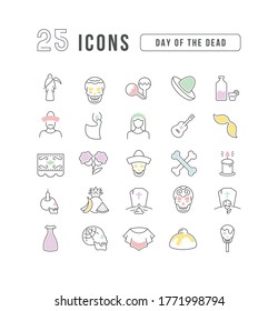 Set vector line thin icons of day of the dead in linear design for mobile concepts and web apps. Collection modern infographic pictogram and signs.